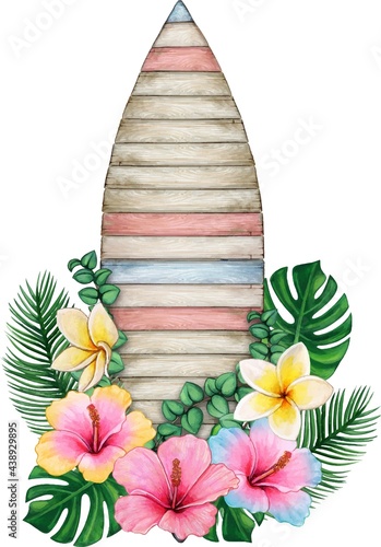 Watercolor wooden vintage banner striped with tropical flowers