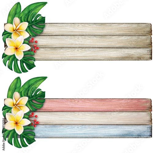 Watercolor wooden vintage banner striped with tropical flowers