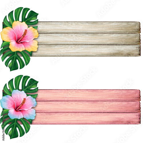 Watercolor wooden vintage banner striped with tropical flowers