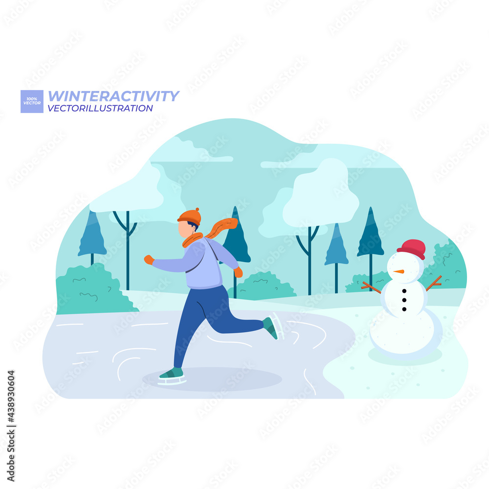 People walking in park. Men, women and children doing winter activities. Snowy landscape panorama. Active characters skiing, ice skating, playing snowballs, making snowman. Flat vector illustration.