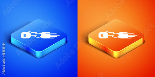 Isometric Prosthesis hand icon isolated on blue and orange background. Futuristic concept of bionic arm, robotic mechanical hand. Square button. Vector
