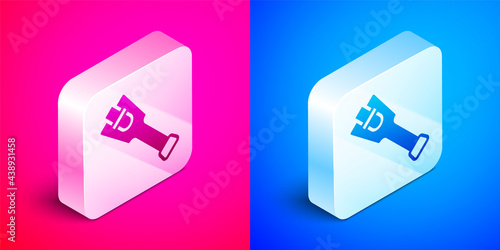Isometric Prosthesis leg icon isolated on pink and blue background. Futuristic concept of bionic leg, robotic mechanical leg. Silver square button. Vector
