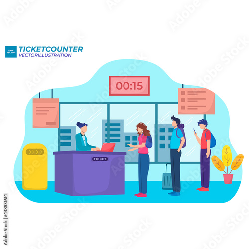 People waiting in line at ticket box or registration counter, vector flat illustration. Characters standing right behind people in one line and keeping social distancing, wearing face masks in other.
