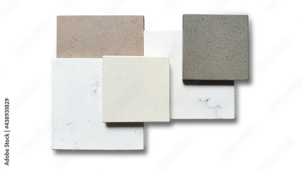 decorative artificial stone in samples with grained texture isolated on white background with clipping path. finishing material, interior renovation. artificial stone or quartz samples. - obrazy, fototapety, plakaty 
