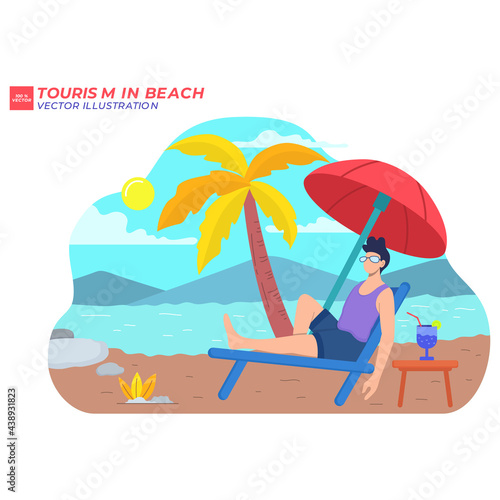 man in swimsuit sunbathing lying on lounger at sea or ocean beach. Beautiful girl drinking coconut cocktail relaxing under palm tree. Summer holiday or luxury vacation. Flat vector illustration.I