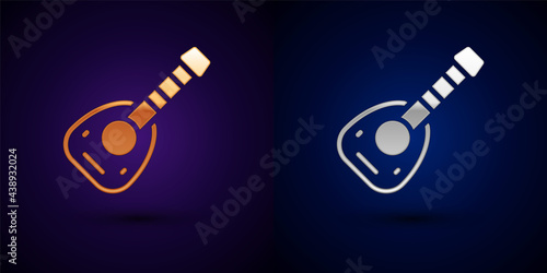 Gold and silver Musical instrument lute icon isolated on black background. Arabic, Oriental, Greek music instrument. Vector