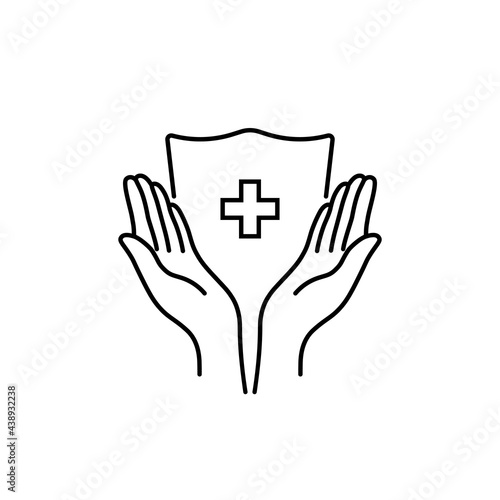 thin line shield and cross with two hands
