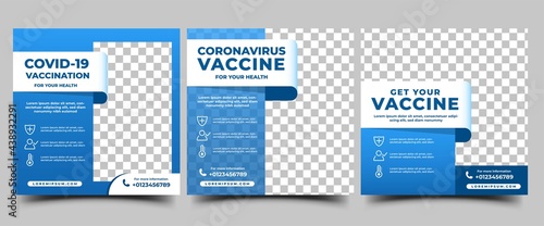Medical vaccination social media post template. Modern square banner with place for the photo. Usable for social media, banners, cover, and websites.