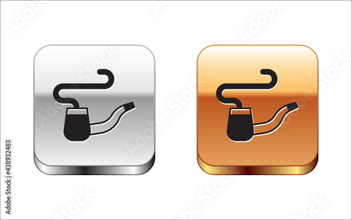 Black Smoking pipe with smoke icon isolated on white background. Tobacco pipe. Silver and gold square buttons. Vector