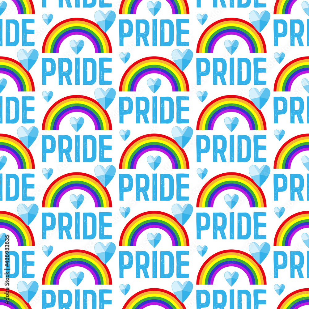 Obraz premium Pride vector pattern. Seamless pattern with hearts and rainbows of the flag and text of Pride. LGBT Day. June-Pride Month. Lesbian, gay, transgender. Vector illustration. For cards, posters, banners.