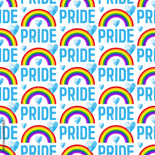 Pride vector pattern. Seamless pattern with hearts and rainbows of the flag and text of Pride. LGBT Day. June-Pride Month. Lesbian, gay, transgender. Vector illustration. For cards, posters, banners.
