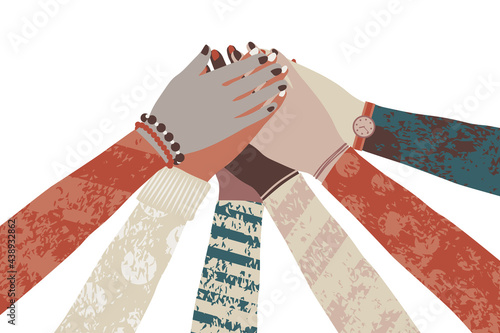 Diverse people putting hands together. Community, support, partnership, teamwork, social movement, friendship and cooperation concept. Flat vector illustration. 