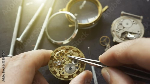 Mechanical watch repair process. Open pocket wristwatch. Doing precise job. Craftsman. Watchmaker adjust watch. Precise occupation. High accuray level