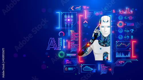AI. Artificial intelligence. Robot or cyborg looking at virtual HUD interface. Machine learning concept. Modern tech frame for text, picture in computer electronic technology style. Face of android.