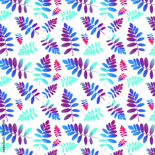 Vector seamless pattern of leaves. Background with tropical plants for wallpaper  textile  design  print. Delicate  fashionable  summer  spring  gentle  bright. Organic  botanical freehand drawing.