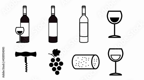 Wine Icon Set. Black and white wine related isolated illustrations