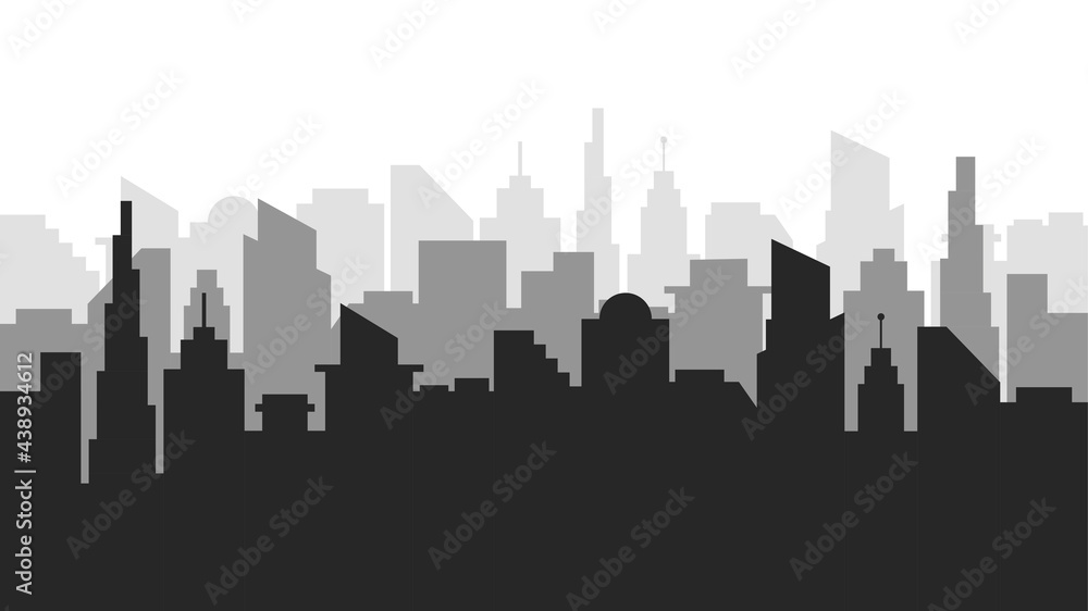 Gray silhouette of modern city skyline. Cityscape with sun and clouds. Vector illustration in flat style