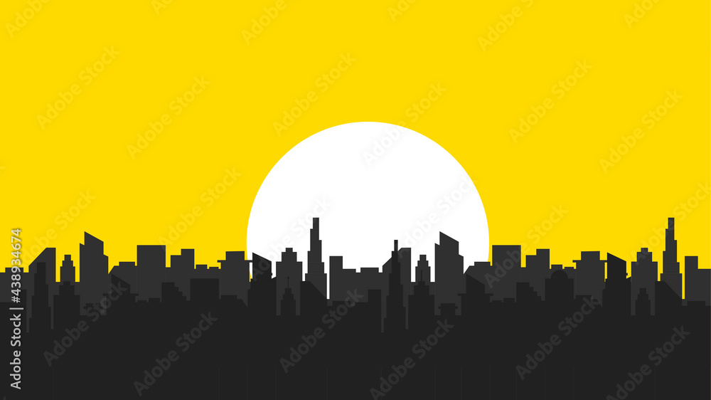 Silhouette of a modern city. City landscape with a lot of sun. Vector illustration in flat style