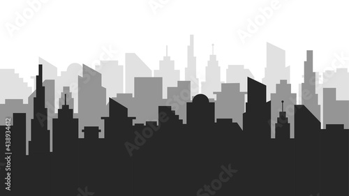 Gray silhouette of modern city skyline. Cityscape with sun and clouds. Vector illustration in flat style