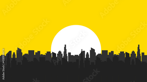 Silhouette of a modern city. City landscape with a lot of sun. Vector illustration in flat style