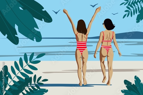 Two slim tanned women in bikini swimsuits from the back on the tropical beach with ocean view and palm trees leaves from the sides. Modern flat vector illustratiopn style.
