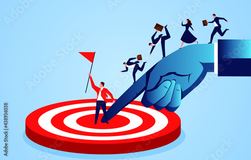 Big hand helping businessman reach the target point, business cooperation concept illustration
