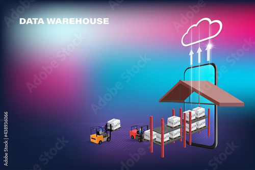 Data warehouse concept is represented by forklift truck that transports data on pallet to cloud server warehouse rack on abstract world map against gradient background Vector 3D rendering