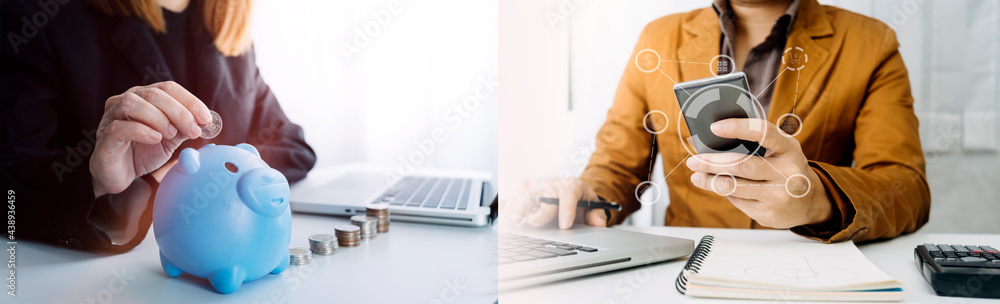 Male hand putting coins with money stack step growing growth and dollar bag. saving money, Concept finance business investment. Male hand putting coins with money stack step growing growth and dollar bag. saving money, Concept finance business investment.