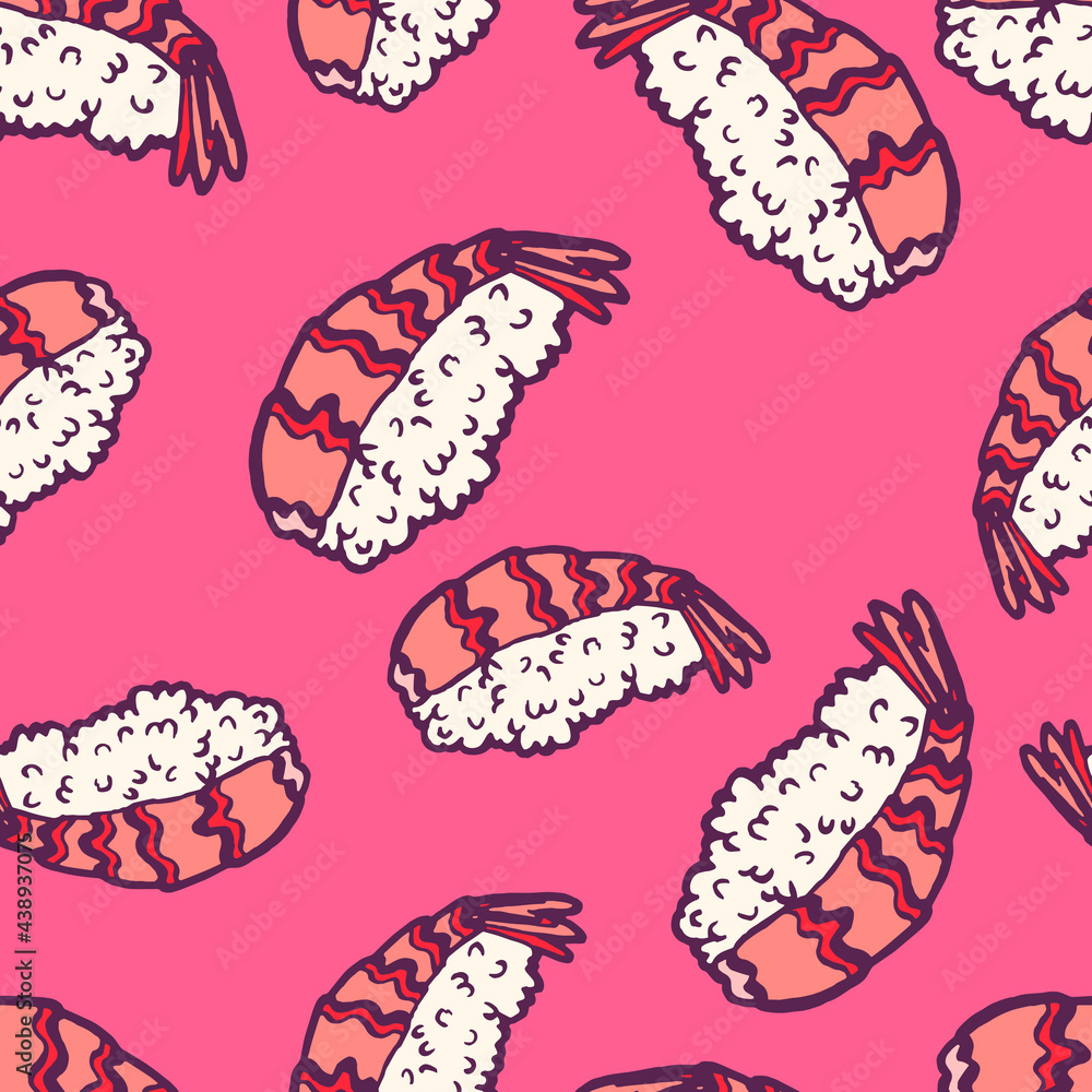 Sushi nigiri. Fresh shrimp with tail. Seafood and rice. Traditional Asian Japanese bento dish. Vintage retro style. Seamless background with pattern. Sushi nigiri. Fresh shrimp with tail. Seafood and rice. Traditional Asian Japanese bento dish. Vintage retro style. Seamless background with pattern.