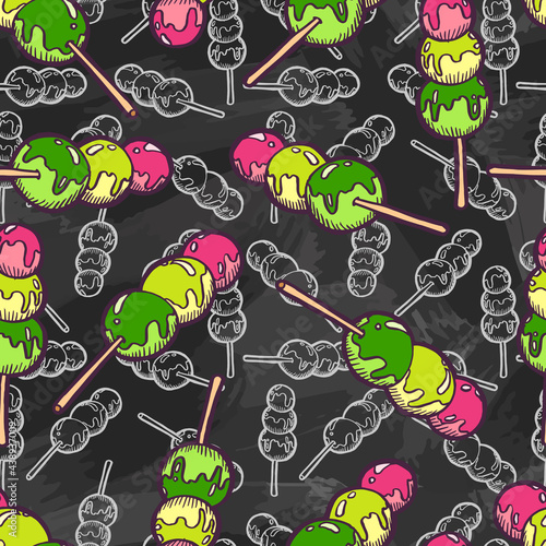 Tricolor dango on a stick. Pink, green, yellow balls of white rice in a sauce. Traditional dessert for festivals of Japanese cuisine. Vintage retro style. Chalk board. Seamless background with pattern
