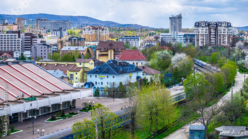 TRUSKAVETS, UKRAINE - May 15, 2021: View from hill, Truskavets, Ukraine. Spring time. The railway station.