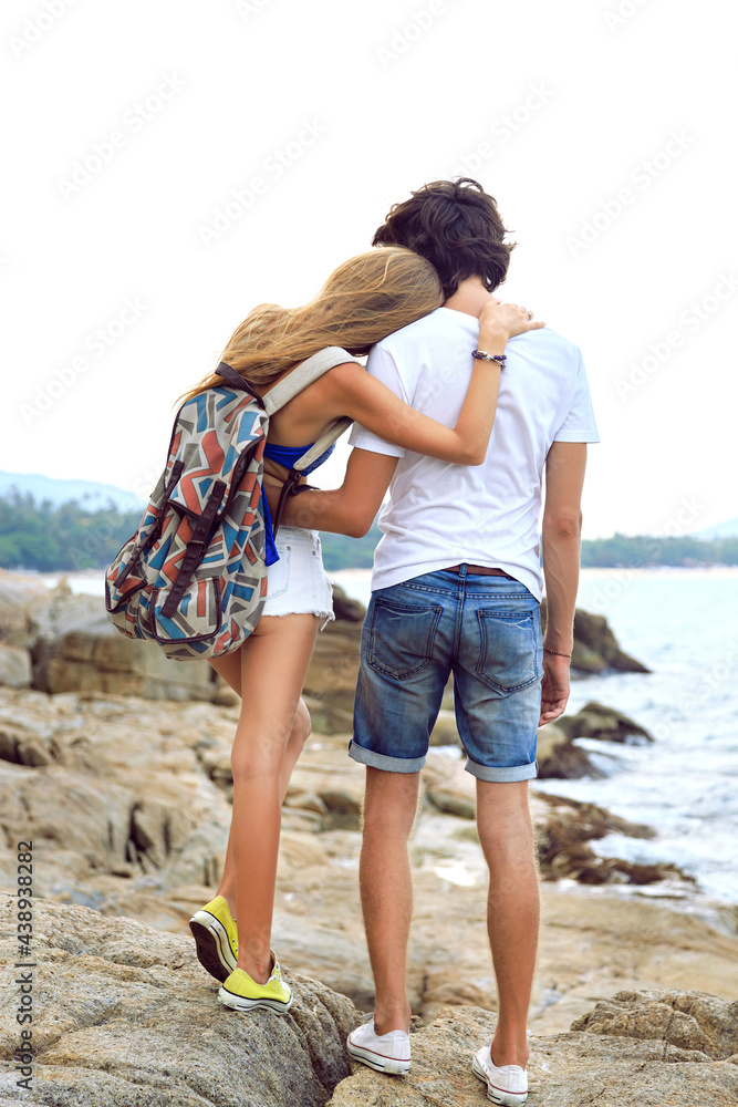 Young hipster couple in love travel together in summer time Young hipster couple in love travel together in summer time