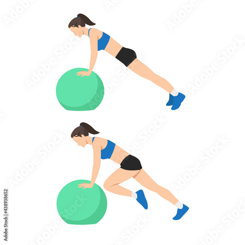 Woman doing Mountain climber with hands on Swiss ball. Abs exercise. Flat vector illustration isolated on white background 
