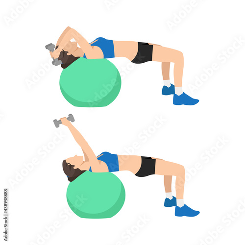 Woman doing Swiss ball lying triceps extensions. 