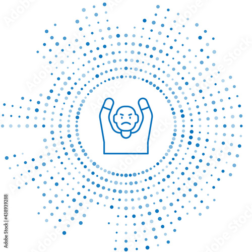 Blue line Thief surrendering hands up icon isolated on white background. Man surrendering with both hands raised in air. Abstract circle random dots. Vector