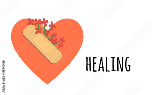 Sticking plaster and red flowers on red heart silhouette. Medical patch isolated on white background. healing concept. Stock vector illustration.