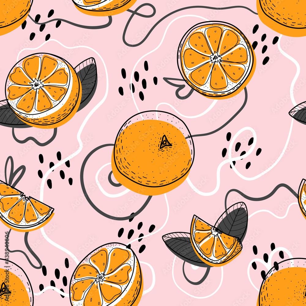 Seamless pattern with oranges. Stylish abstract pattern with a whole, half and a slice of orange on a pink background. For design, print, fabric, packaging, postcards. Contour, doodle, line. Vector. Seamless pattern with oranges. Stylish abstract pattern with a whole, half and a slice of orange on a pink background. For design, print, fabric, packaging, postcards. Contour, doodle, line. Vector.