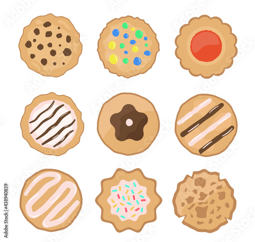 Set of different cookies with glaze and decorations. Cookies biscuit icons set. Biscuit cookies cartoon vector set. Set of pastry. Cookies for web. Vector flat illustration.