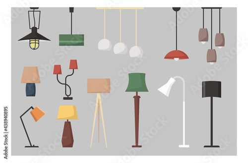 Set of lamp. Vector collection of floor lamp table lamp ceiling lamp. Vector cartoon set.