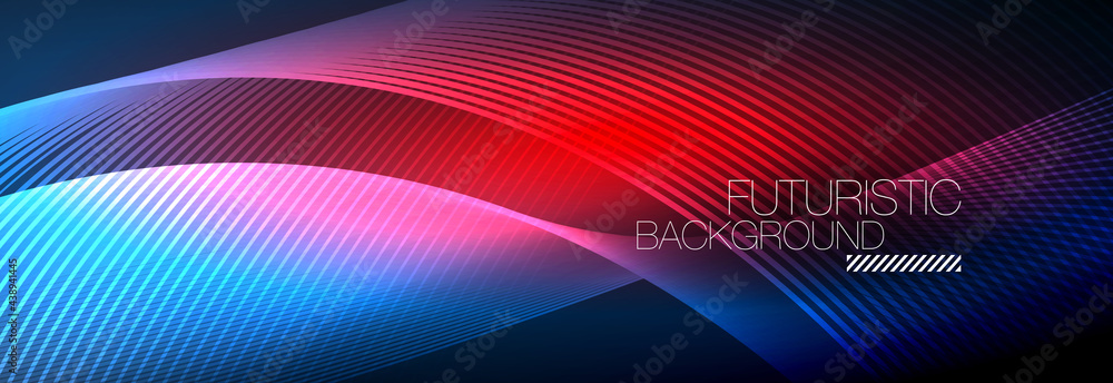 Abstract neon glowing light in the dark with waves. Shiny magic energy and motion concept, vector abstract wallpaper background Abstract neon glowing light in the dark with waves. Shiny magic energy and motion concept, vector abstract wallpaper background