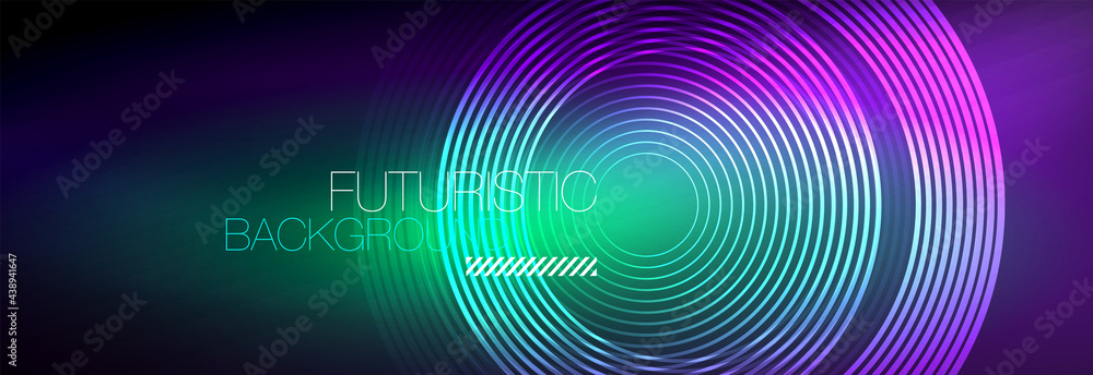 Dark abstract background with glowing neon circles. Trendy layout template for business or technology presentation, internet poster or web brochure cover, wallpaper Dark abstract background with glowing neon circles. Trendy layout template for business or technology presentation, internet poster or web brochure cover, wallpaper