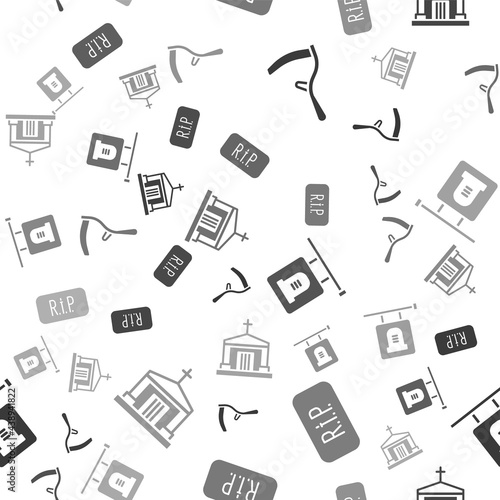 Set Scythe, Speech bubble rip death, Signboard tombstone and Old crypt on seamless pattern. Vector