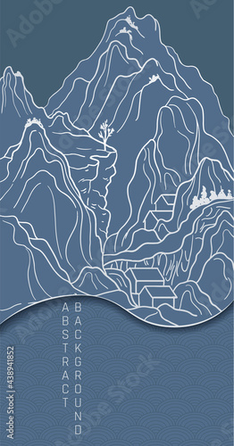 vector landscape in japanese style in blue and silver colours