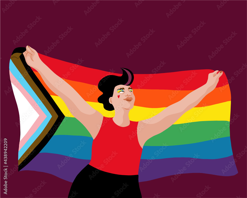 Nonbinary Lgbtqia Person With Black Hair Holding Up A Rainbow Progress Pride Flag Stock Vector Adobe Stock
