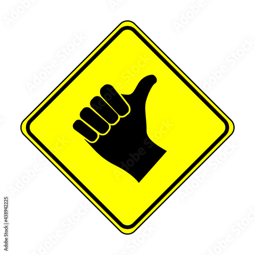Hitchhiking road sign. Vector illustration of yellow diamond shaped warning road sign with hand thumbs up icon inside. Standing in roadway for purpose of soliciting ride. Caution people on roadside.