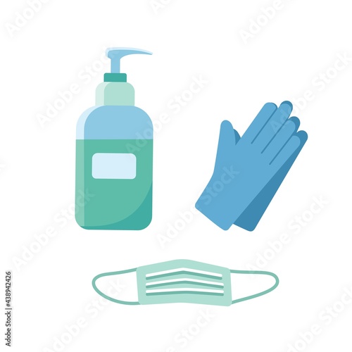 Corona virus Covid 19 protection set. Coronavirus prevention and medical elements collection. Hand sanitizer bottle, respirator mask, gloves. Vector illustration isolated on white background