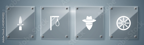 Set Old wooden wheel, Cowboy, Gallows and Dagger. Square glass panels. Vector