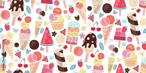 Pattern of tasty sweet food. Summer party. Flat Vector illustration of healthy food Ice cream in a waffle cup, popsicles, fruit ice, truck with berries, chocolate. Wallpaper decor