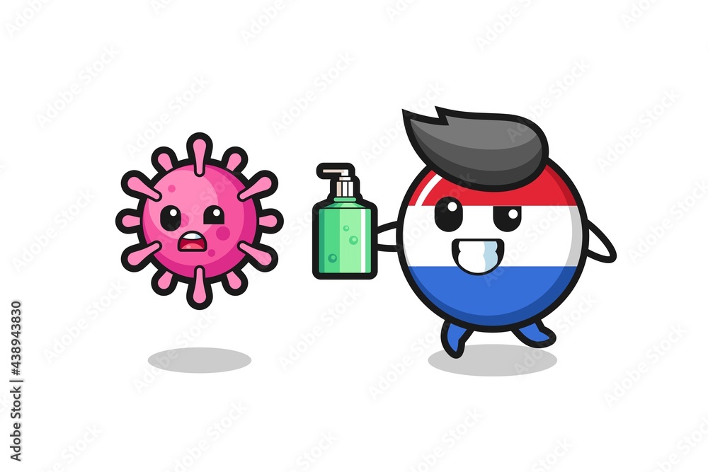 illustration of netherlands flag badge character chasing evil virus with hand sanitizer