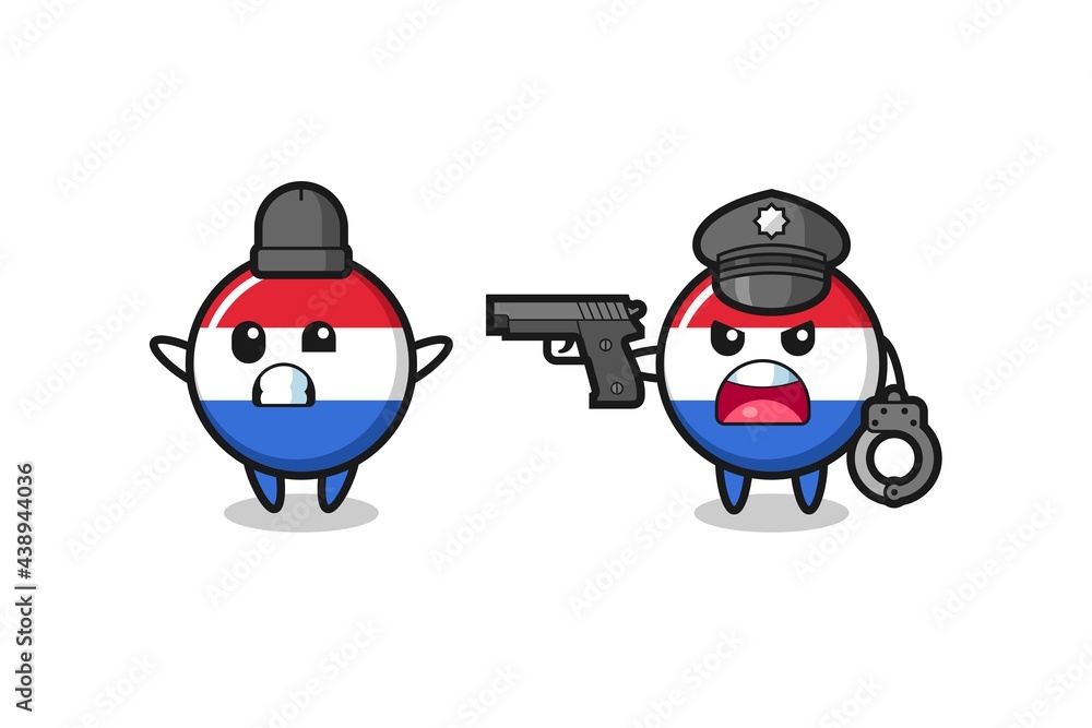 illustration of netherlands flag badge robber with hands up pose caught by police